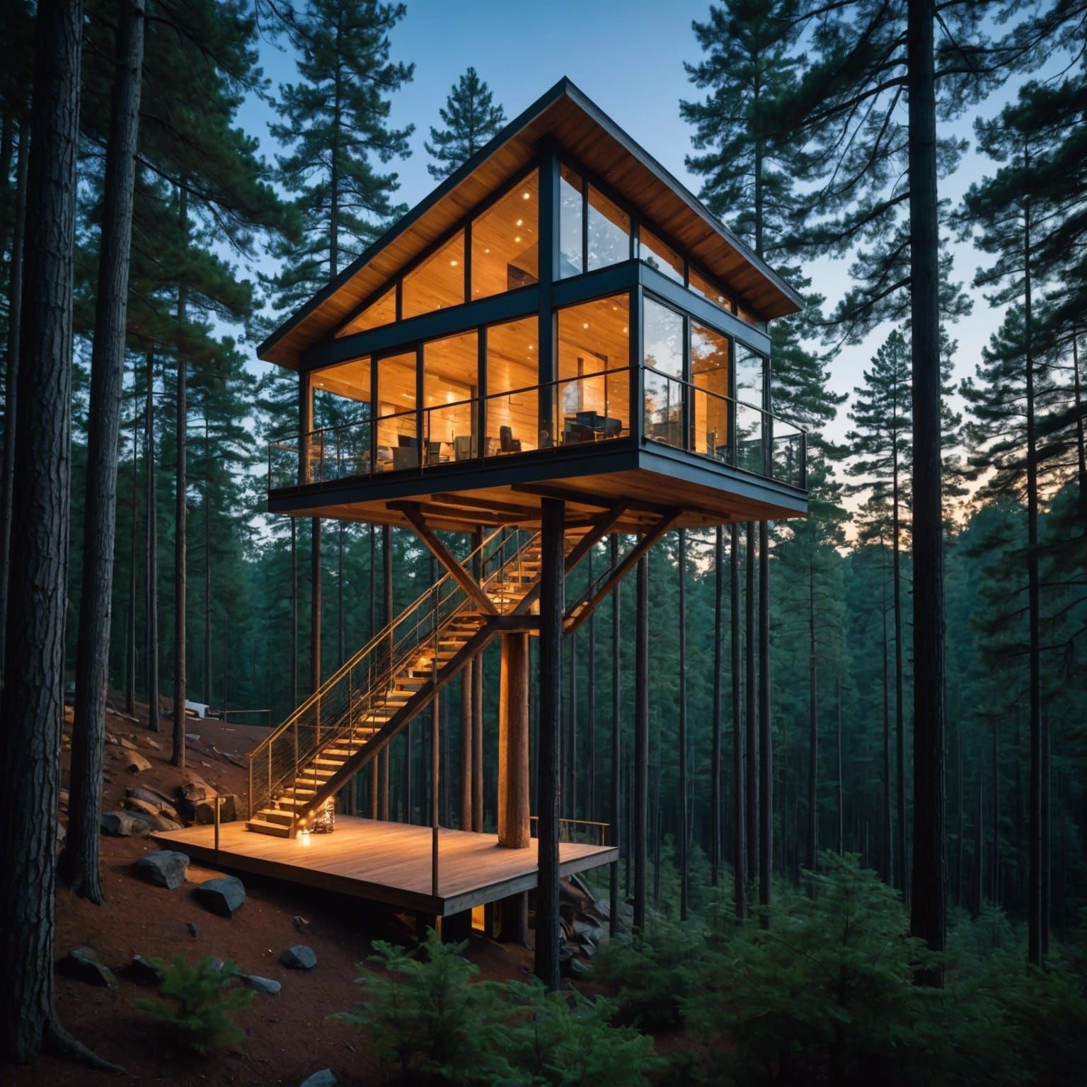 Modern Treehouse at Twilight with Panoramic Views