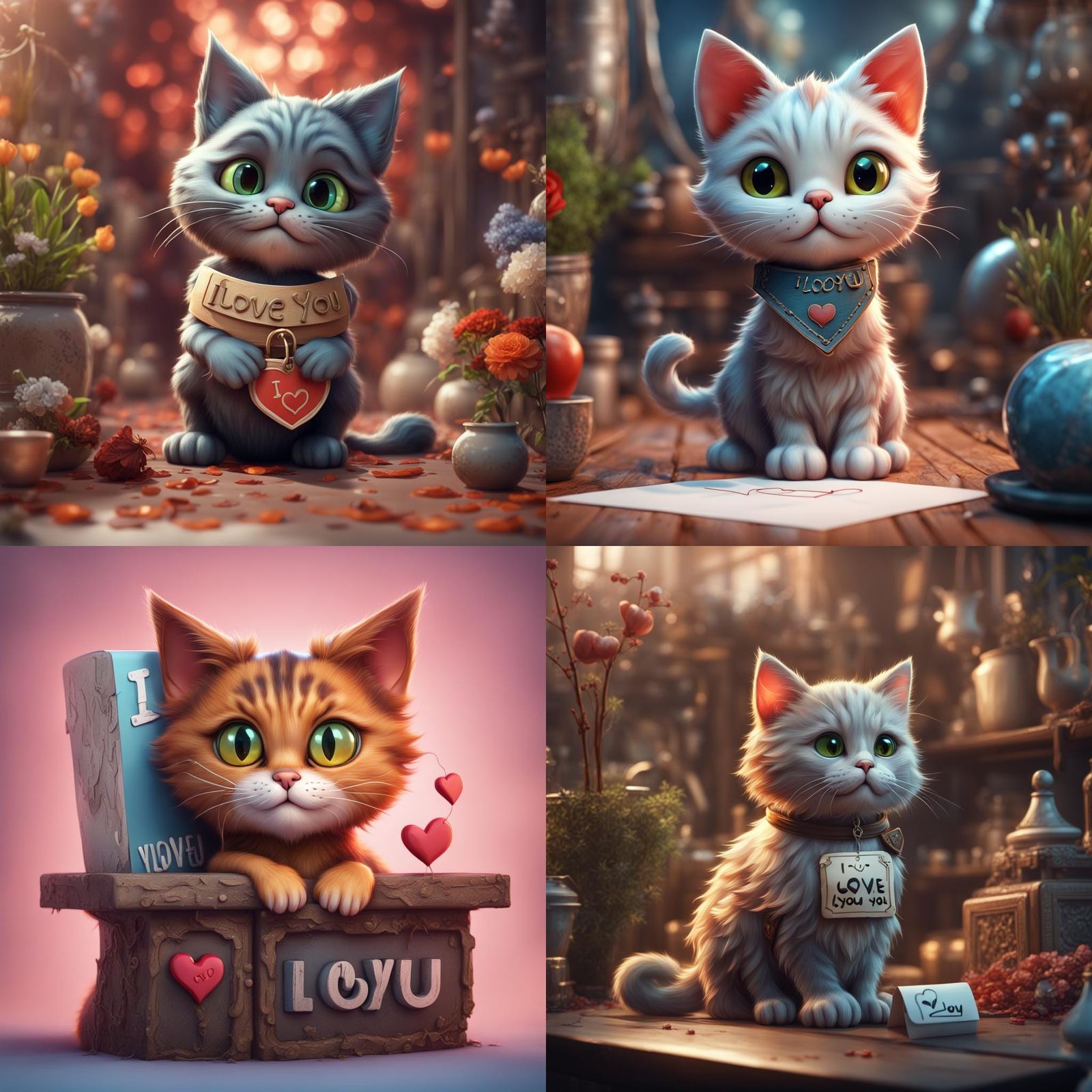 Cute Cat with I Love You Label in Detailed Matte Painting