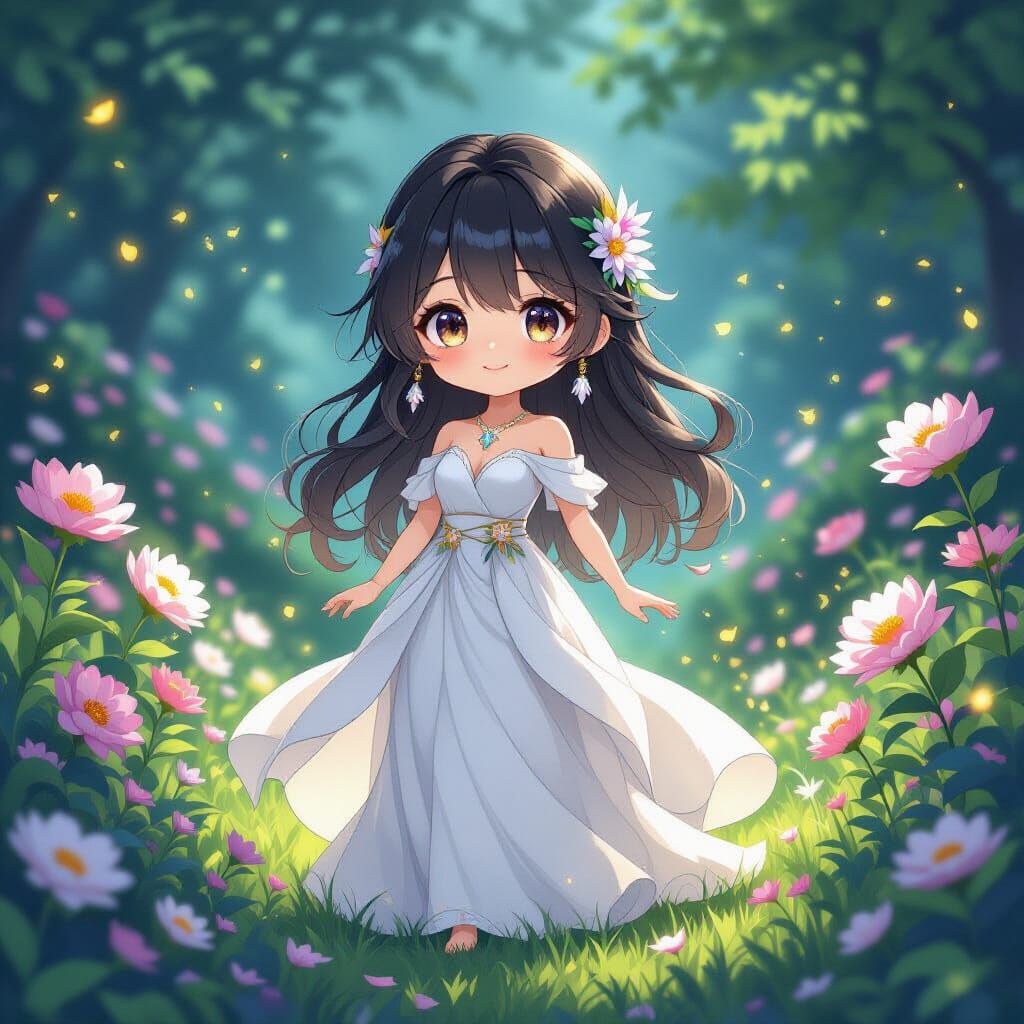 Chibi Goddess in Floral Garden, Digital Art