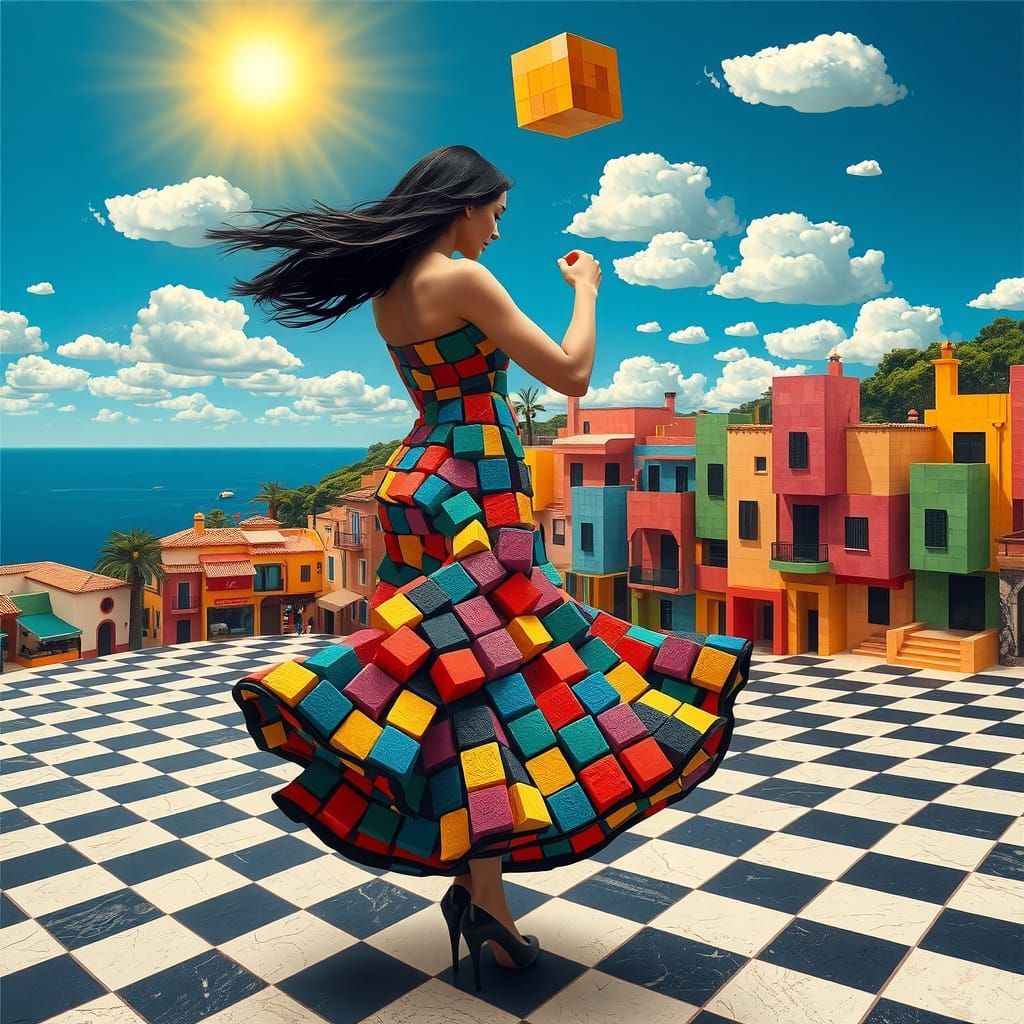 Cubist Woman Dances in Vibrant, Surreal Mediterranean Piazza