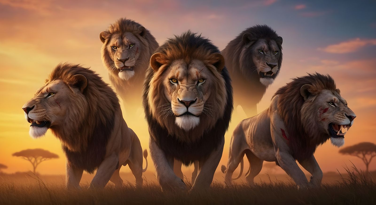 Aggressive Lions in African Plains at Sunset