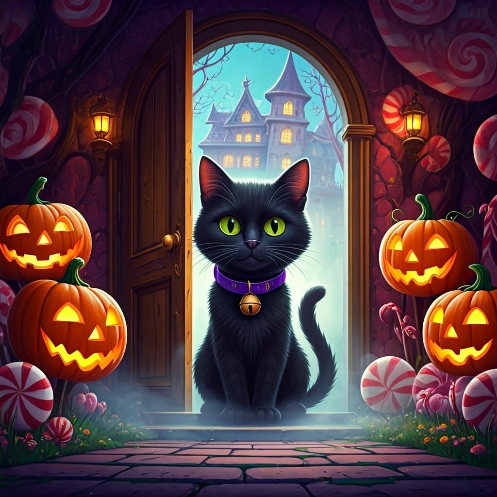 Whimsical Black Cat at Haunted Mansion in Candyland Style