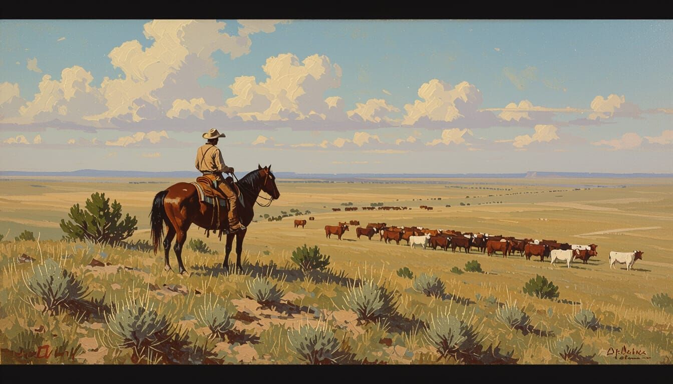Western Cowboy and Cattle Landscape as Oil Painting