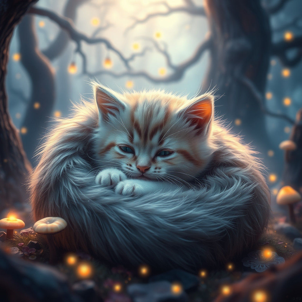 Enchanting Kitten in Mystical Forest, Digital Art