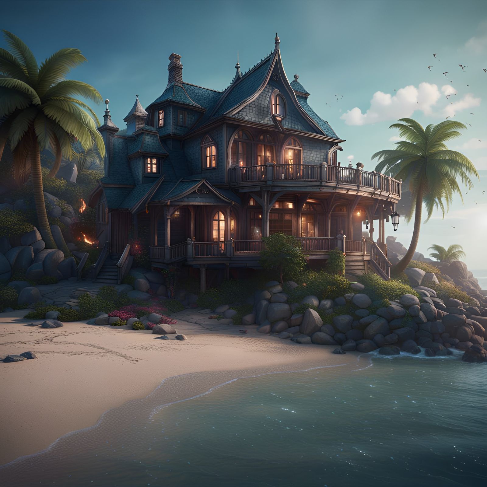 Magical Beach House in Detailed Matte Painting Style