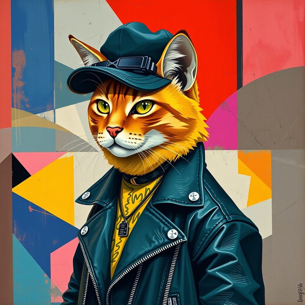 70s Rock Cat in Cubist Geometric Style