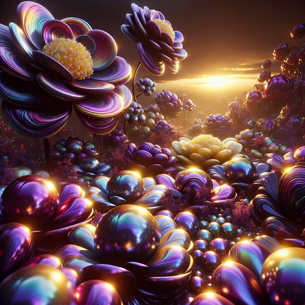 Iridescent Fantasy Flower Garden at Sunset
