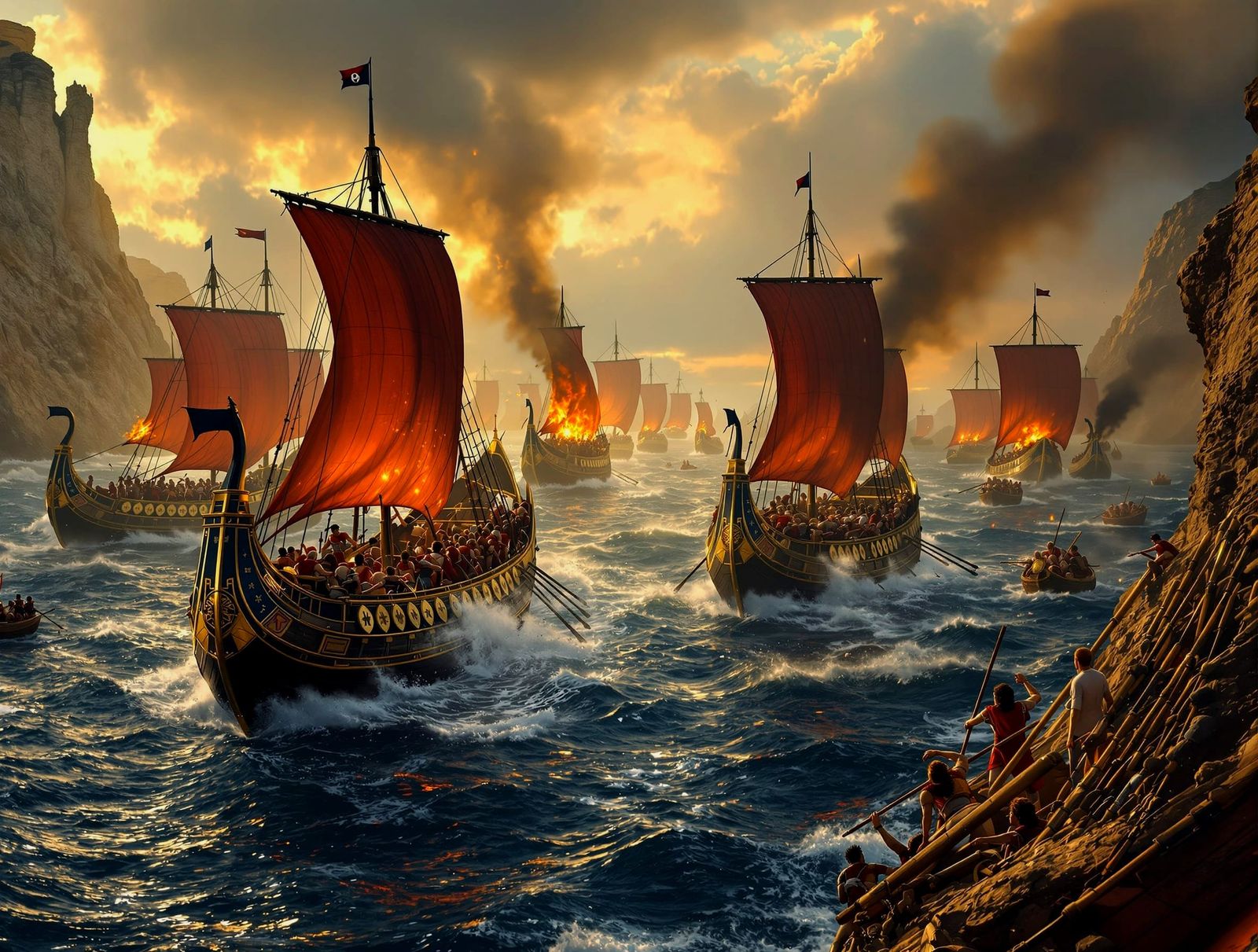 Epic Naval Battle in Hellespont Strait at Dawn