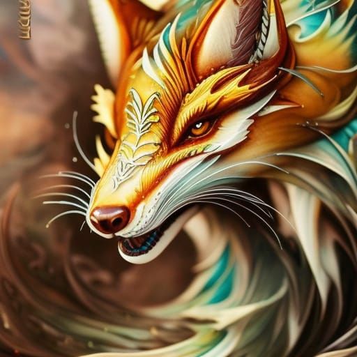 Chibi Dragon-Fox Portrait in Ornate Japanese Art Style