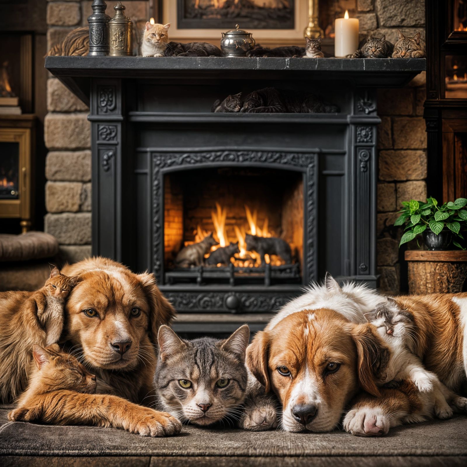 Cat and Dog Nap by Fireplace in HDR