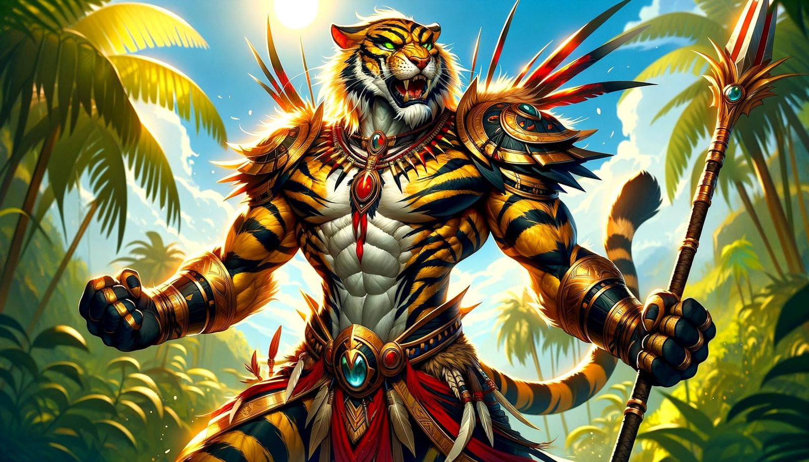 Feline Warrior Ready for Battle in Jungle Setting