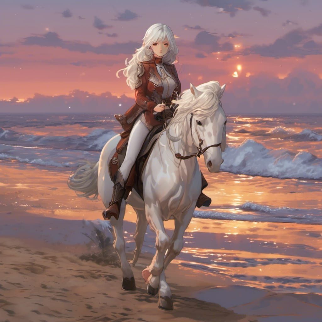 Lady Susana Rides Horse on Beach at Sunrise