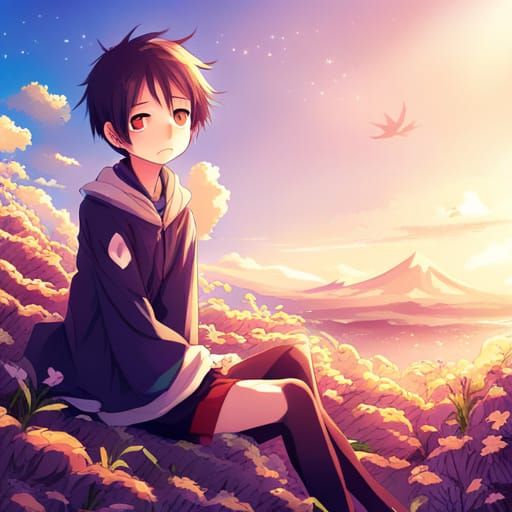Anime Boy on Hill with Birds in Manga Style