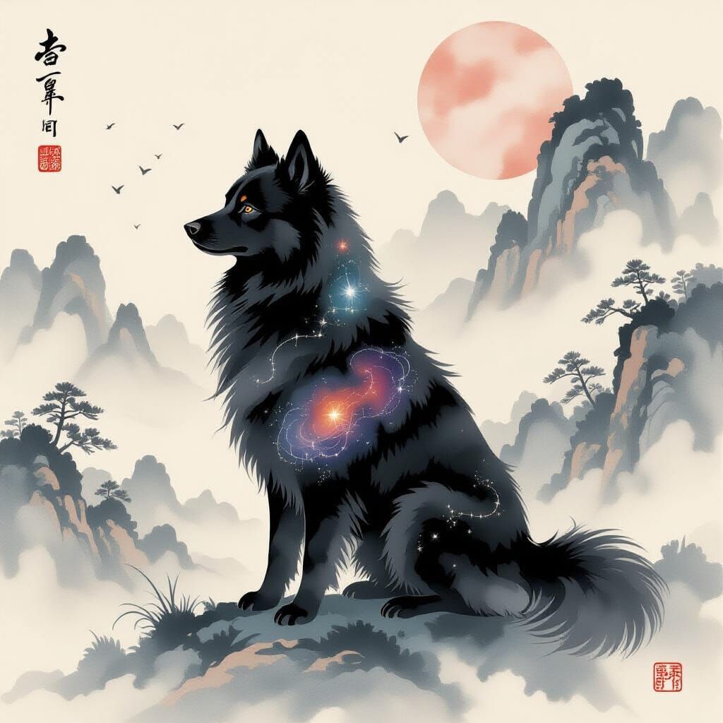 Ink Constellation Dog in Serene Chinese Landscape