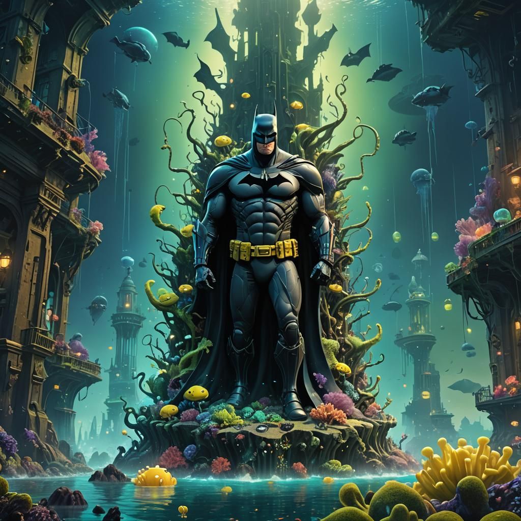 Batman Spongebob Fusion in Eerie Underwater City