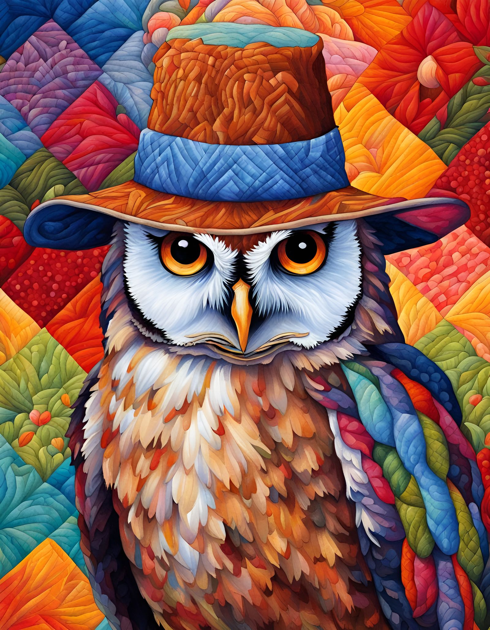 Detailed Quilted Owl Painting with Vivid Colors