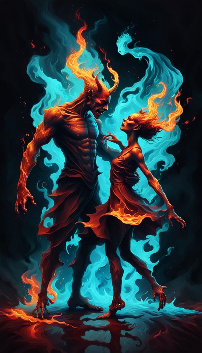 Demonic Couple Dancing in Flames: A Dark Fantasy