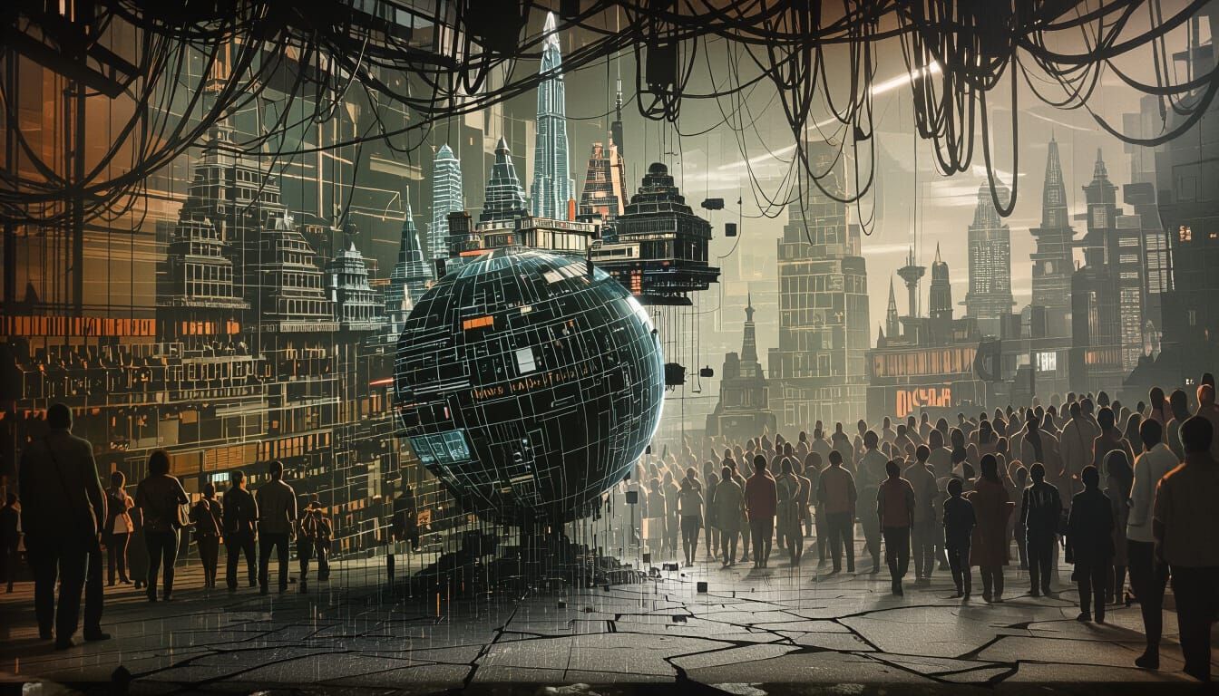 Dystopian Megacity on Glowing Sphere Cinematic Film Still