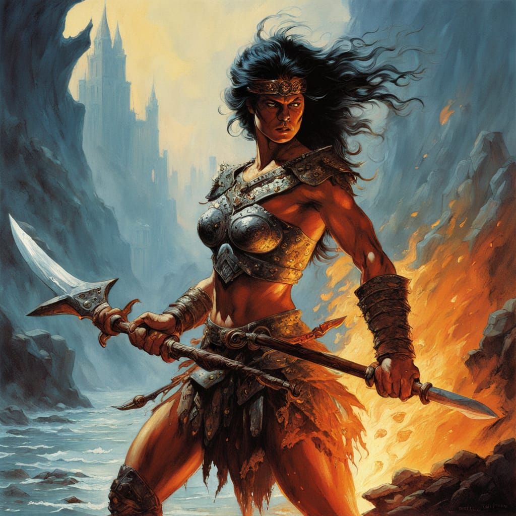 Battle-Worn Barbarian Warrior with Fiery Battle Ax and Water...