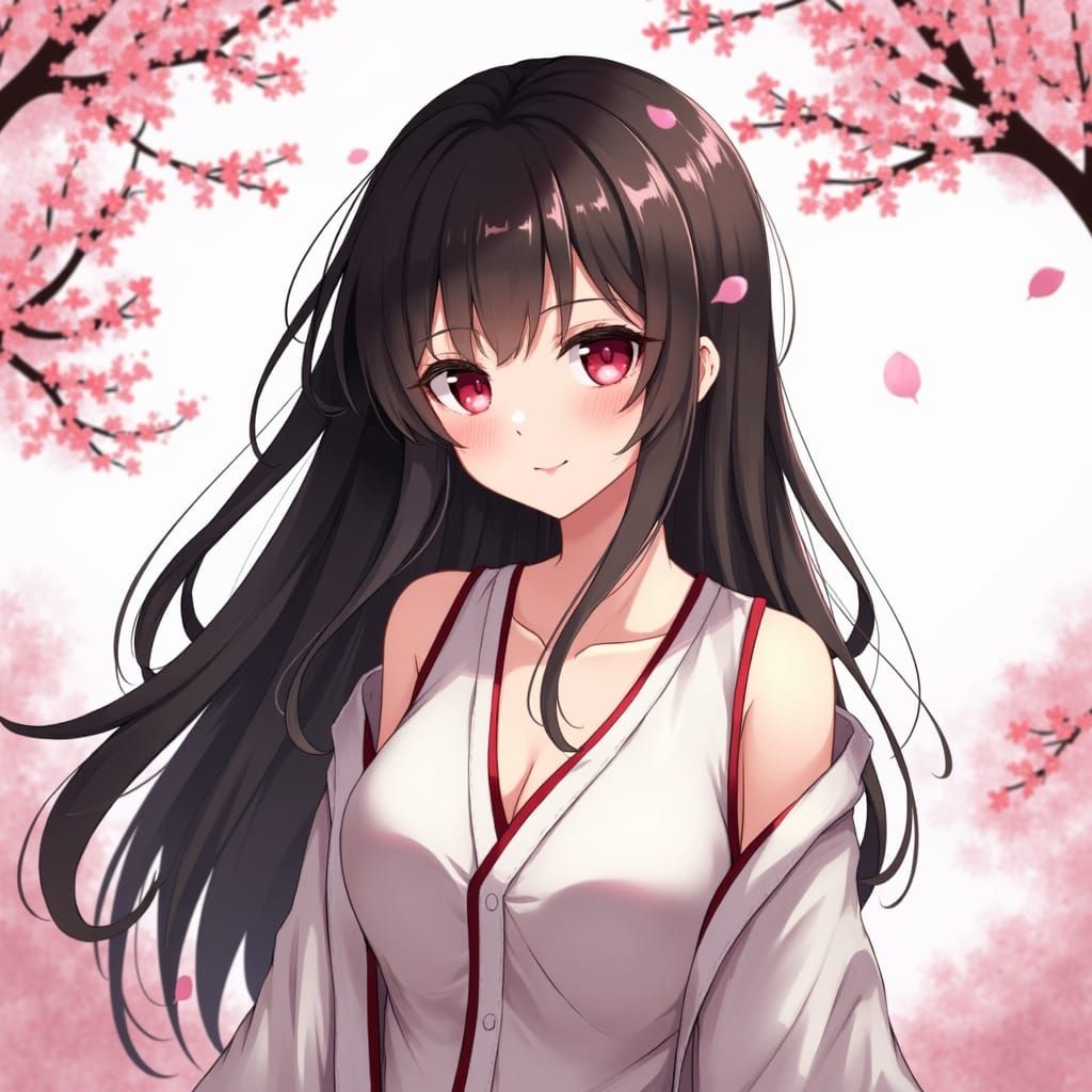 Girl with Black Hair and Cherry Blossoms