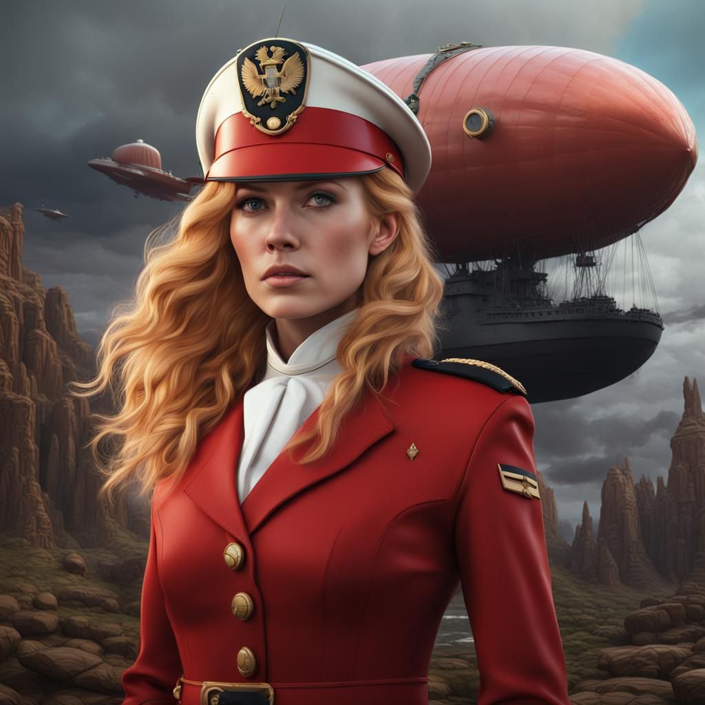 Girl in Redcoat with Airship, Detailed Matte Painting