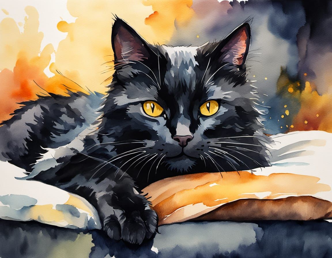 Vibrant Watercolor Portrait of a Stylized Black Cat