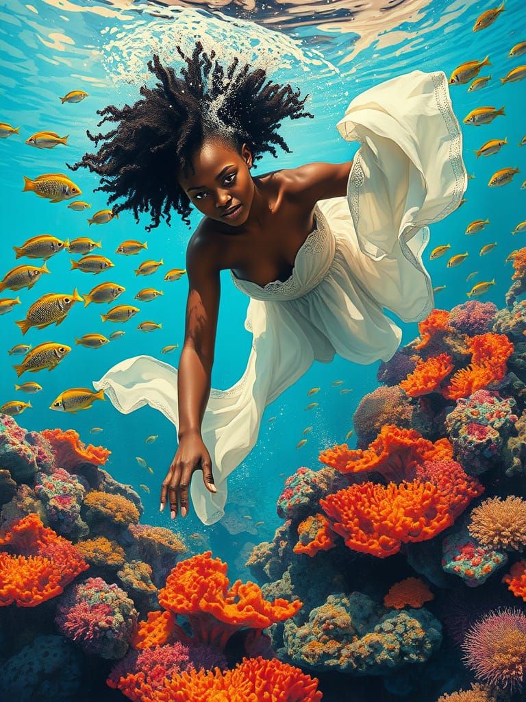 Woman Swimming Through Coral Reefs in Polychromatic Style