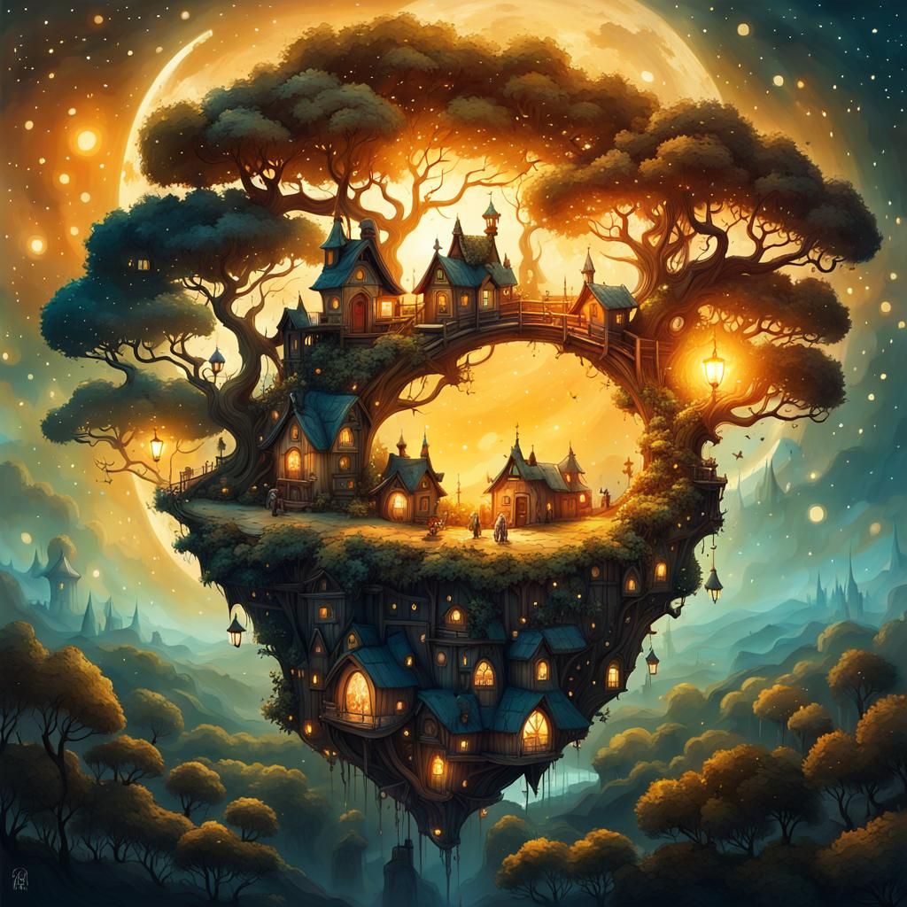 Whimsical Fairy Village in Starry Night Sky