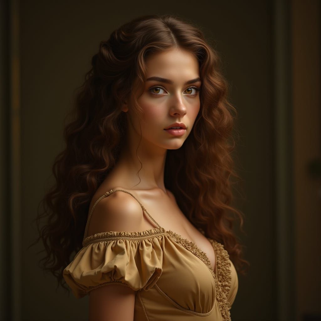 Elegant Young Woman in Classic, Earth-Toned Gown