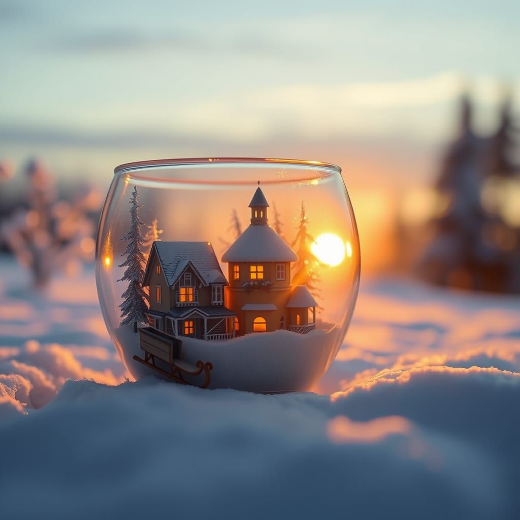 Miniature Snowy Village Inside Glass Cup