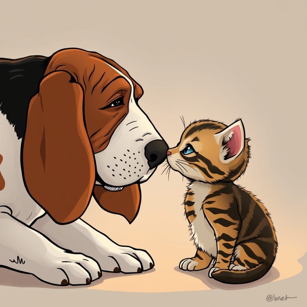 Basset Hound Nuzzles Kitten in Comic Book Art Style
