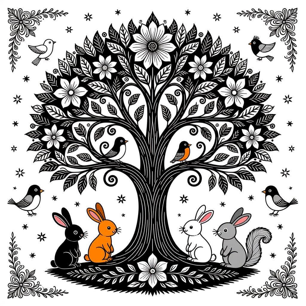 Tree of Life Mandala with Animals in Cute Style