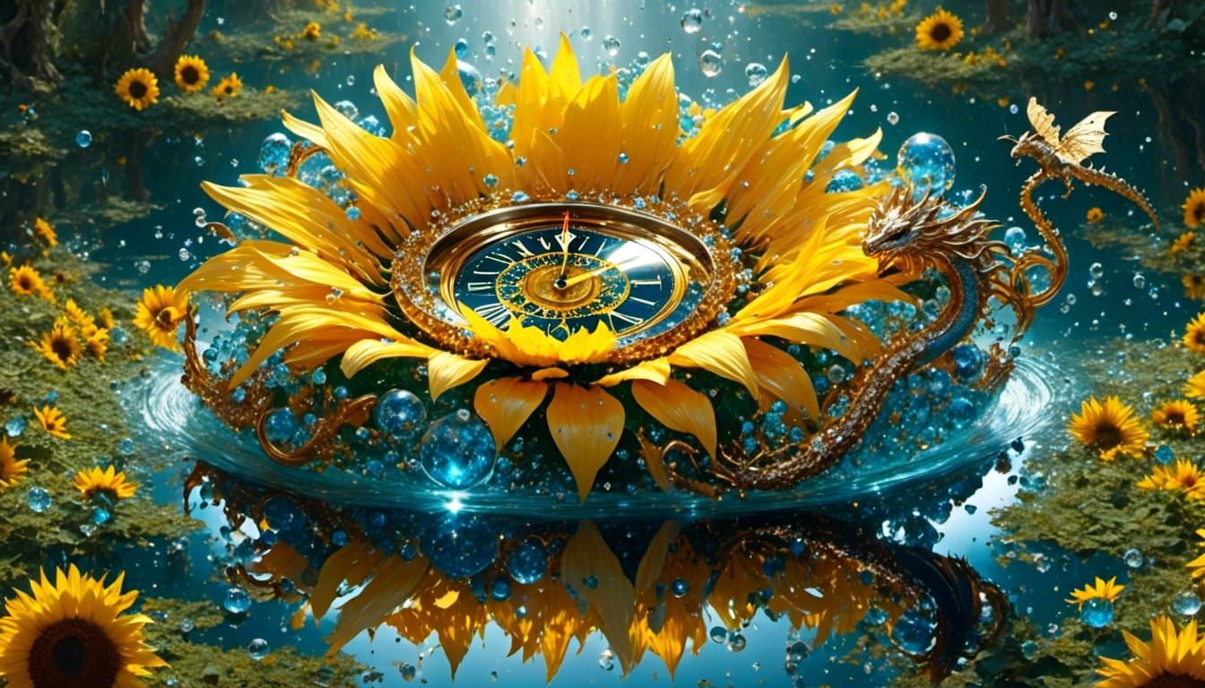 Surreal Crystal Sunflower with Dragon and Clock