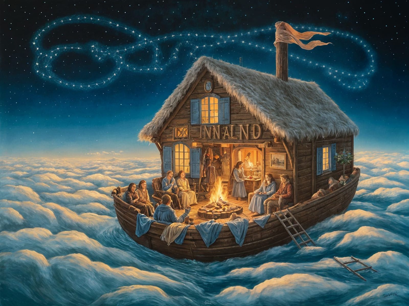 Floating Sky Inn: A Cozy Fantasy Oil Painting
