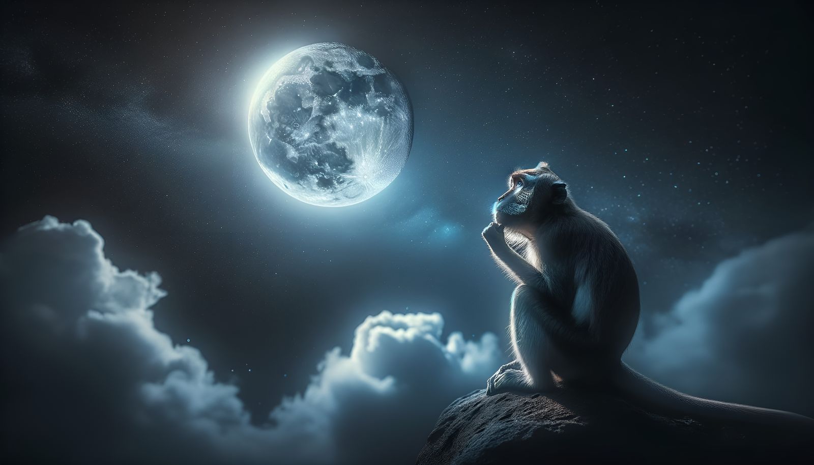 Monkey Gazing at the Moonlit Sky