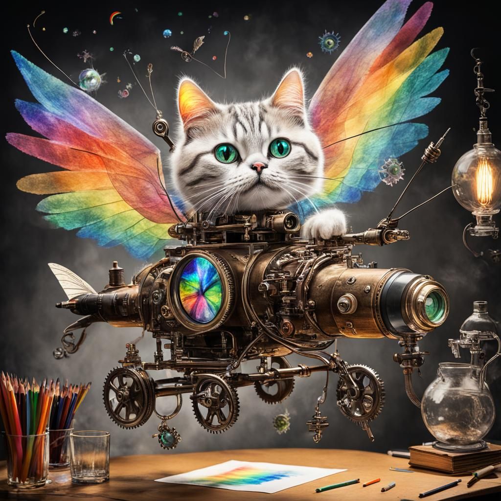 Steampunk Cats Fly in Surreal Crayon Drawing