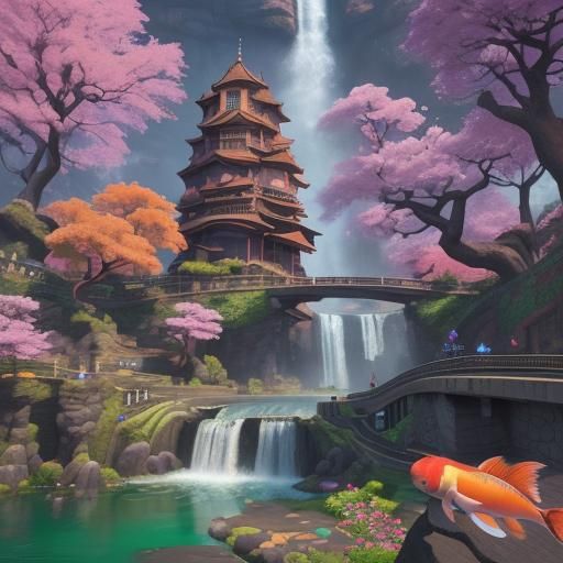 Fantastical Urban Landscape with Waterfalls and Koi Ponds