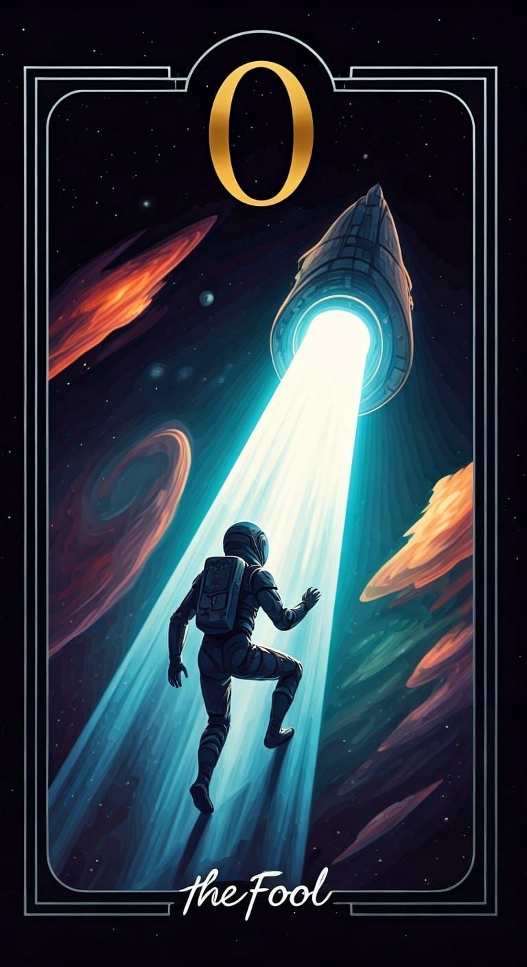 Spacesuit Figure Climbing to Spaceship in Cosmic Illustratio...