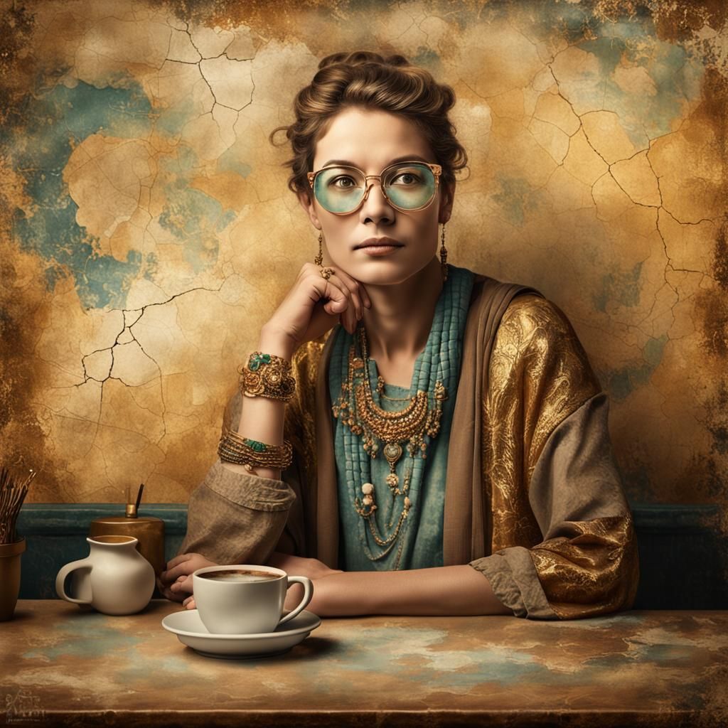Woman in Coffee Shop as Ancient Fresco