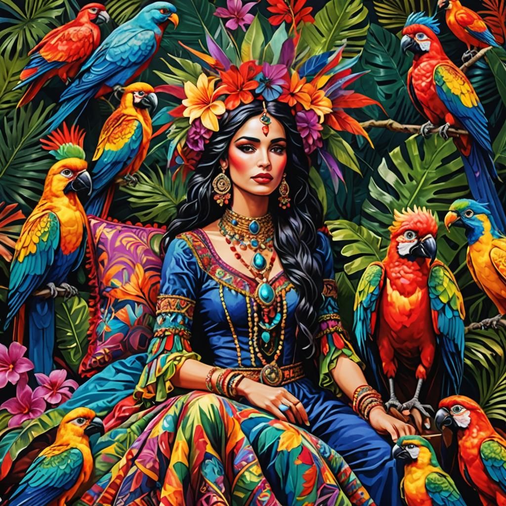 Gypsy Queen Surrounded by Exotic Birds