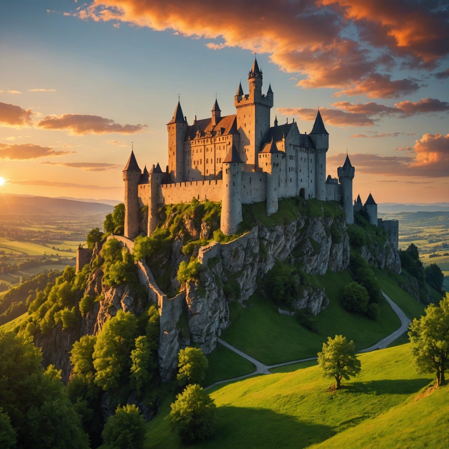 Medieval Castle at Sunset in Valley