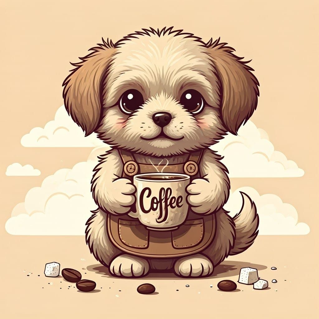 Whimsical Puppy With Coffee Cup Cartoon
