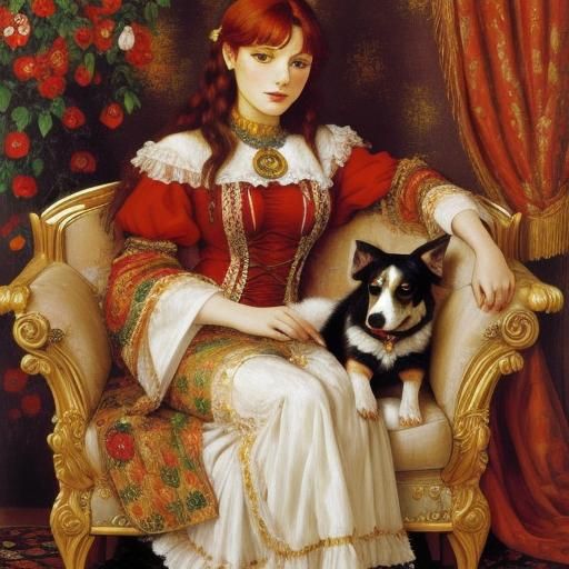 Woman Petting Dog in Style of Klee, Klimt