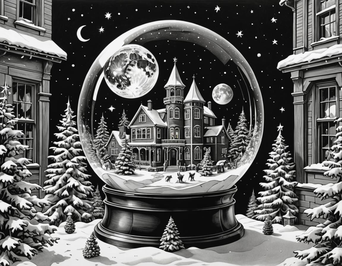 Escher-esque Moon in Snow Globe