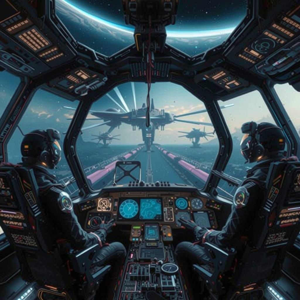 Ghibli-Style Starship Cockpit with Neon Retro Engine