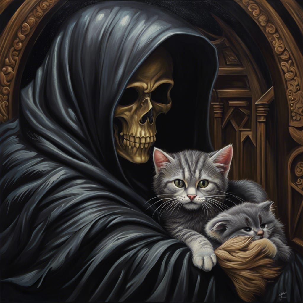 Grim Reaper's Tender Embrace with Kitten