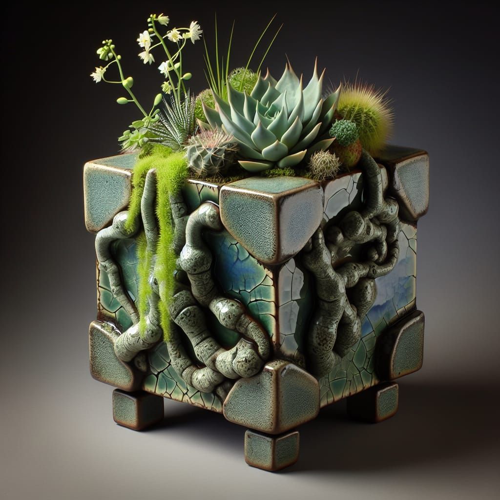 Unique Green-Blue Glazed Kusamono Pot with Twists and Crackl...