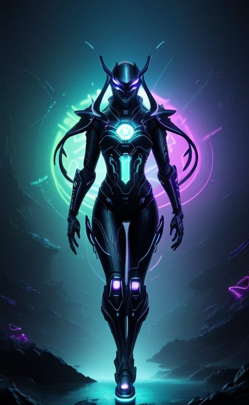 Neon Siren Rides Cyber-Dolphin in Bioluminescent City