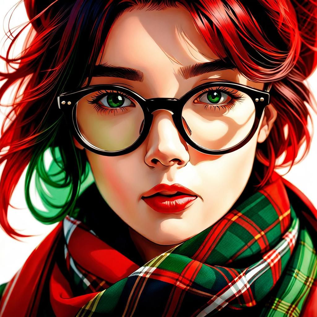 Girl in Tartan Scarf, Watercolor Style