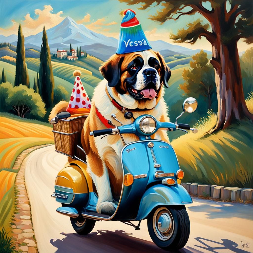 Sunny Italian Countryside St. Bernard on Vespa in Vibrant Oi...